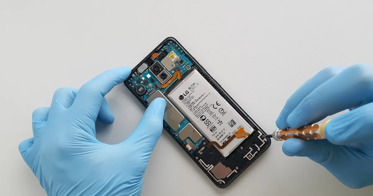 Gloved hands removing the battery from an opened smartphone