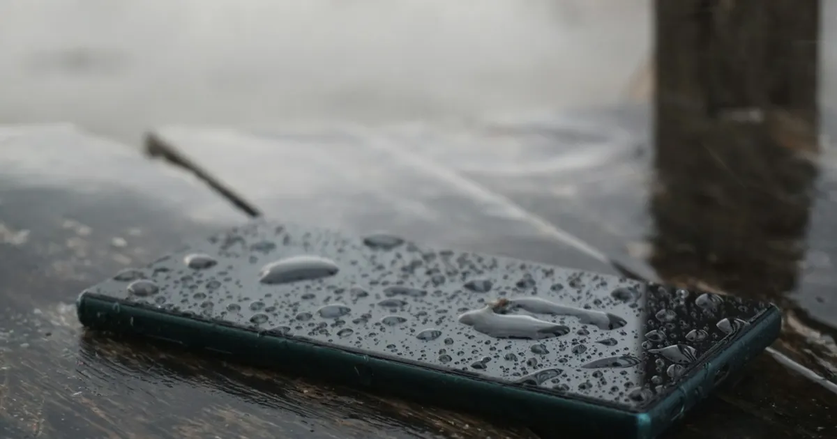 iPhone covered in water droplets on a dark wet surface