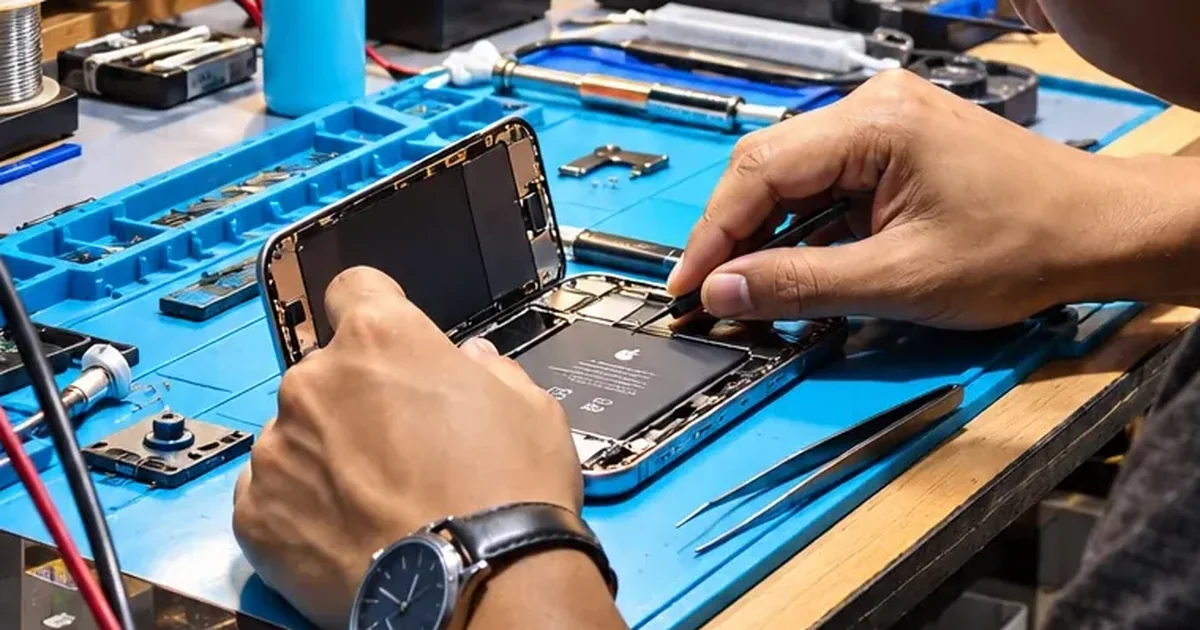 iFix Guwahati engineer working on an opened iPhone at the Bhangagarh bench