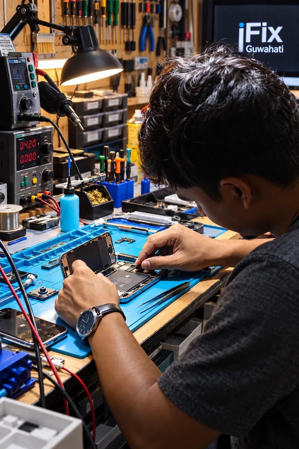 iFix Guwahati technician opening an iPhone at the Bhangagarh repair bench, with soldering station, bench power supply and precision tools