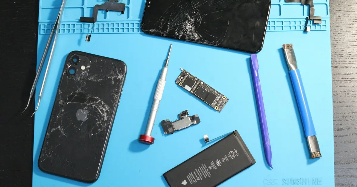 Disassembled iPhone with precision tools laid out on a repair mat